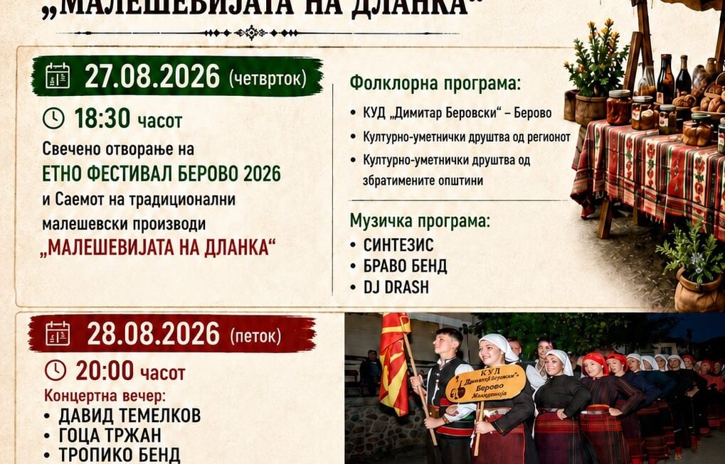 ЕТНО ФЕСТИВАЛ БЕРОВО 2026 И САЕМ НА ТРАДИЦИОНАЛНИ МАЛЕШЕВСКИ ПРОИЗВОДИ „МАЛЕШЕВИЈАТА НА ДЛАНКА“ – 27, 28 И 29 АВГУСТ